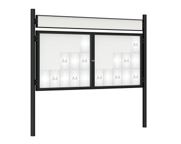 Schaukasten 1000 mit Pfosten Ø 76 mm Farbe:RAL 9005|Abmessungen:30 A4 - B 2250 x H 1050 mm - 2-flügelig|Pfosten:Pfosten-Set zum Einbetonieren - Mit Titelleiste