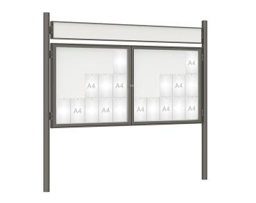 Schaukasten 1000 mit Pfosten Ø 76 mm Farbe:Procity grau|Abmessungen:30 A4 - B 2250 x H 1050 mm - 2-flügelig|Pfosten:Pfosten-Set zum Einbetonieren - Mit Titelleiste