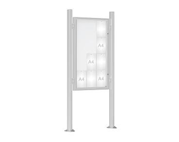 Schaukasten 1000 mit Quatro-Pfosten Farbe:Silber eloxiert|Abmessungen:12 A4 - B 750 x H 1350 mm - Flügeltür|Pfosten:Mittelpfosten auf Bodenplatte - Ohne Titelleiste