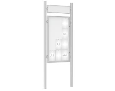 Schaukasten 1000 mit Pfosten Ø 76 mm Farbe:Silber eloxiert|Abmessungen:12 A4 - B 750 x H 1350 mm - Flügeltür|Pfosten:Pfosten-Set zum Einbetonieren - Mit Titelleiste
