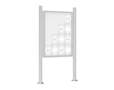Schaukasten 1000 mit Quatro-Pfosten Farbe:Silber eloxiert|Abmessungen:16 A4 - B 1000 x H 1350 mm - Flügeltür|Pfosten:Mittelpfosten auf Bodenplatte - Ohne Titelleiste