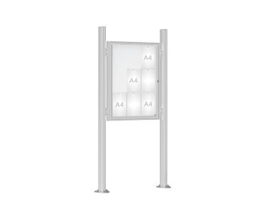 Schaukasten 1000 mit Quatro-Pfosten Farbe:Silber eloxiert|Abmessungen:9 A4 - B 750 x H 1000 mm - Flügeltür|Pfosten:Mittelpfosten auf Bodenplatte - Ohne Titelleiste