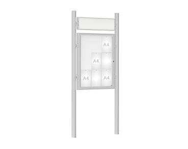 Schaukasten 1000 mit Pfosten Ø 76 mm Farbe:Silber eloxiert|Abmessungen:9 A4 - B 750 x H 1000 mm - Flügeltür|Pfosten:Pfosten-Set zum Einbetonieren - Mit Titelleiste