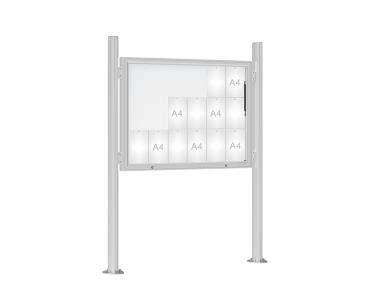 Schaukasten 1000 mit Quatro-Pfosten Farbe:Silber eloxiert|Abmessungen:18 A4 - B 1350 x H 1000 mm - Klapptür|Pfosten:Mittelpfosten auf Bodenplatte - Ohne Titelleiste