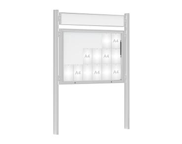 Schaukasten 1000 mit Quatro-Pfosten Farbe:Silber eloxiert|Abmessungen:18 A4 - B 1350 x H 1000 mm - Klapptür|Pfosten:Mittelpfosten zum Einbetonieren - Mit Titelleiste