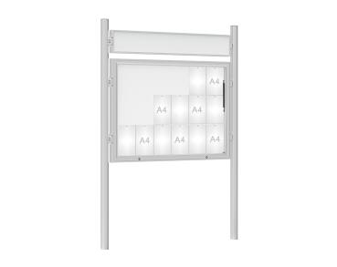 Schaukasten 1000 mit Pfosten Ø 76 mm Farbe:Silber eloxiert|Abmessungen:18 A4 - B 1350 x H 1000 mm - Klapptür|Pfosten:Pfosten-Set zum Einbetonieren - Mit Titelleiste