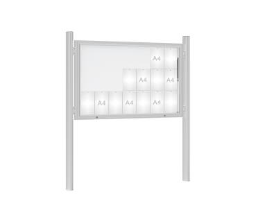 Schaukasten 1000 mit Quatro-Pfosten Farbe:Silber eloxiert|Abmessungen:21 A4 - B 1600 x H 1000 mm - Klapptür|Pfosten:Mittelpfosten zum Einbetonieren - Ohne Titelleiste