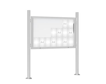Schaukasten 1000 mit Quatro-Pfosten Farbe:Silber eloxiert|Abmessungen:21 A4 - B 1600 x H 1000 mm - Klapptür|Pfosten:Mittelpfosten auf Bodenplatte - Ohne Titelleiste
