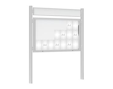 Schaukasten 1000 mit Quatro-Pfosten Farbe:Silber eloxiert|Abmessungen:21 A4 - B 1600 x H 1000 mm - Klapptür|Pfosten:Mittelpfosten zum Einbetonieren - Mit Titelleiste