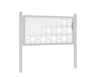 Schaukasten 1000 mit Quatro-Pfosten Farbe:Silber eloxiert|Abmessungen:27 A4 - B 2010 x H 1000 mm - Klapptür|Pfosten:Mittelpfosten auf Bodenplatte - Ohne Titelleiste