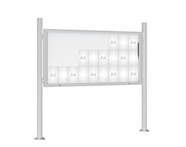 Schaukasten 1000 mit Quatro-Pfosten Farbe:Silber eloxiert|Abmessungen:27 A4 - B 2010 x H 1000 mm - Klapptür|Pfosten:Mittelpfosten auf Bodenplatte - Ohne Titelleiste
