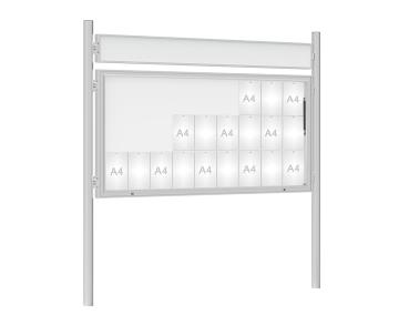 Schaukasten 1000 mit Pfosten Ø 76 mm Farbe:Silber eloxiert|Abmessungen:27 A4 - B 2010 x H 1000 mm - Klapptür|Pfosten:Pfosten-Set zum Einbetonieren - Mit Titelleiste