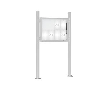 Schaukasten 1000 mit Quatro-Pfosten Farbe:Silber eloxiert|Abmessungen:8 A4 - B 1000 x H 750 mm - Klapptür|Pfosten:Mittelpfosten auf Bodenplatte - Ohne Titelleiste