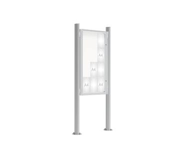 Schaukasten 2000 mit Quatro-Pfosten Farbe:Silber eloxiert|Abmessungen:12 A4 - B 750 x H 1350 mm - Flügeltür|Pfosten:Pfosten-Set auf Bodenplatten - Ohne Titelleiste
