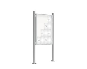 Schaukasten 2000 mit Quatro-Pfosten Farbe:Silber eloxiert|Abmessungen:16 A4 - B 1000 x H 1350 mm - Flügeltür|Pfosten:Pfosten-Set auf Bodenplatten - Ohne Titelleiste