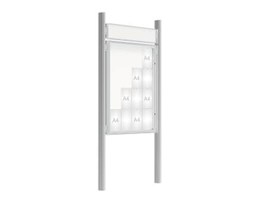 Schaukasten 2000 mit Quatro-Pfosten Farbe:Silber eloxiert|Abmessungen:16 A4 - B 1000 x H 1350 mm - Flügeltür|Pfosten:Mittelpfosten zum Einbetonieren - Mit Titelleiste