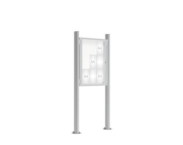 Schaukasten 2000 mit Quatro-Pfosten Farbe:Silber eloxiert|Abmessungen:9 A4 - B 750 x H 1000 mm - Flügeltür|Pfosten:Mittelpfosten auf Bodenplatte - Ohne Titelleiste