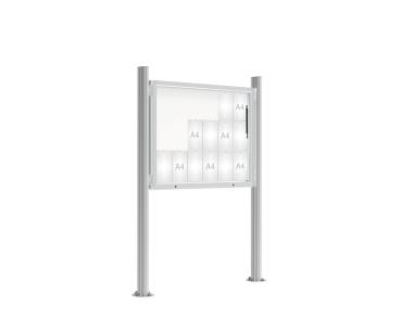 Schaukasten 2000 mit Quatro-Pfosten Farbe:Silber eloxiert|Abmessungen:18 A4 - B 1350 x H 1000 mm - Klapptür|Pfosten:Pfosten-Set auf Bodenplatten - Ohne Titelleiste