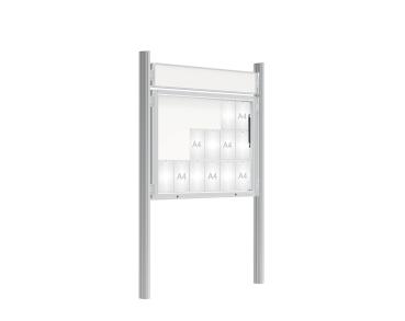 Schaukasten 2000 mit Quatro-Pfosten Farbe:Silber eloxiert|Abmessungen:18 A4 - B 1350 x H 1000 mm - Klapptür|Pfosten:Pfosten-Set zum Einbetonieren - Mit Titelleiste