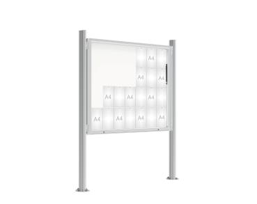Schaukasten 2000 mit Quatro-Pfosten Farbe:Silber eloxiert|Abmessungen:28 A4 - B 1710 x 1350 mm - Klapptür|Pfosten:Pfosten-Set auf Bodenplatten - Ohne Titelleiste
