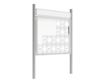 Schaukasten 2000 mit Quatro-Pfosten Farbe:Silber eloxiert|Abmessungen:28 A4 - B 1710 x 1350 mm - Klapptür|Pfosten:Mittelpfosten zum Einbetonieren - Mit Titelleiste