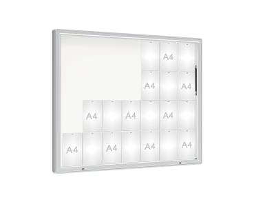 Schaukasten 2000 Farbe:Silber eloxiert|Verglasung:Plexichocs|Abmessungen:28 A4 - B 1710 x H 1350 mm