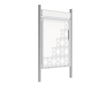 Schaukasten 2000 mit Quatro-Pfosten Farbe:Silber eloxiert|Abmessungen:30 A4 - B 1350 x 1710 mm - Klapptür|Pfosten:Mittelpfosten zum Einbetonieren - Mit Titelleiste