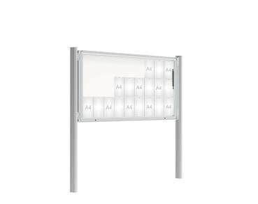 Schaukasten 2000 mit Quatro-Pfosten Farbe:Silber eloxiert|Abmessungen:27 A4 - B 2010 x H 1000 mm - Klapptür|Pfosten:Mittelpfosten zum Einbetonieren - Ohne Titelleiste