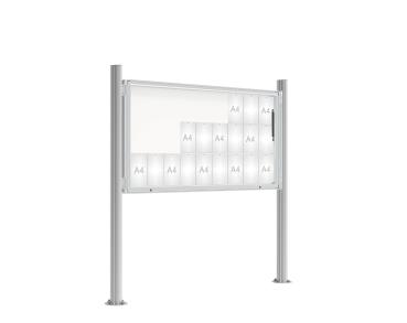 Schaukasten 2000 mit Quatro-Pfosten Farbe:Silber eloxiert|Abmessungen:27 A4 - B 2010 x H 1000 mm - Klapptür|Pfosten:Pfosten-Set auf Bodenplatten - Ohne Titelleiste