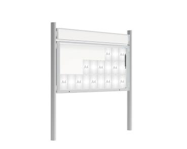 Schaukasten 2000 mit Quatro-Pfosten Farbe:Silber eloxiert|Abmessungen:27 A4 - B 2010 x H 1000 mm - Klapptür|Pfosten:Mittelpfosten zum Einbetonieren - Mit Titelleiste