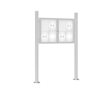 Schaukasten 1000 mit Quatro-Pfosten Farbe:Silber eloxiert|Abmessungen:8 A4 - B 1200 x H 750 mm - 2-flügelig|Pfosten:Mittelpfosten auf Bodenplatte - Ohne Titelleiste