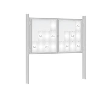 Schaukasten 1000 mit Quatro-Pfosten Farbe:Silber eloxiert|Abmessungen:24 A4 - B 1800 x H 1050 mm - 2-flügelig|Pfosten:Mittelpfosten zum Einbetonieren - Ohne Titelleiste