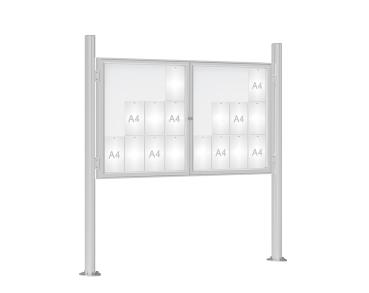 Schaukasten 1000 mit Quatro-Pfosten Farbe:Silber eloxiert|Abmessungen:24 A4 - B 1800 x H 1050 mm - 2-flügelig|Pfosten:Mittelpfosten auf Bodenplatte - Ohne Titelleiste
