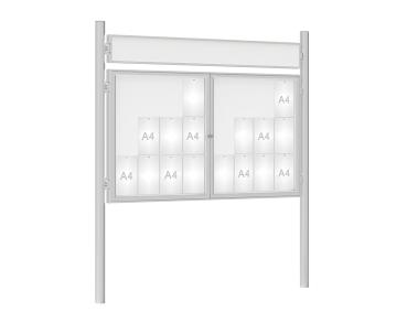 Schaukasten 1000 mit Pfosten Ø 76 mm Farbe:Silber eloxiert|Abmessungen:24 A4 - B 1800 x H 1050 mm - 2-flügelig|Pfosten:Pfosten-Set zum Einbetonieren - Mit Titelleiste
