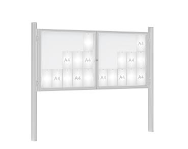 Schaukasten 1000 mit Quatro-Pfosten Farbe:Silber eloxiert|Abmessungen:30 A4 - B 2250 x H 1050 mm - 2-flügelig|Pfosten:Mittelpfosten zum Einbetonieren - Ohne Titelleiste