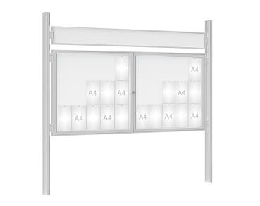 Schaukasten 1000 mit Quatro-Pfosten Farbe:Silber eloxiert|Abmessungen:30 A4 - B 2250 x H 1050 mm - 2-flügelig|Pfosten:Mittelpfosten zum Einbetonieren - Mit Titelleiste