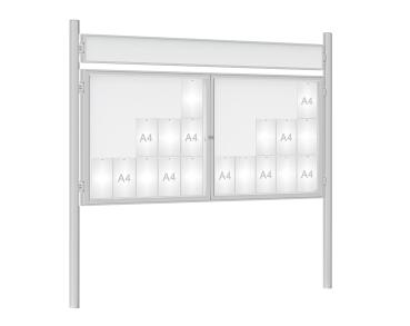 Schaukasten 1000 mit Pfosten Ø 76 mm Farbe:Silber eloxiert|Abmessungen:30 A4 - B 2250 x H 1050 mm - 2-flügelig|Pfosten:Pfosten-Set zum Einbetonieren - Mit Titelleiste