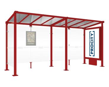 Wartehalle Milano Farbe:RAL 3004|Länge:Länge 5000 mm|Struktur:Leuchtcaisson VIP auf Mittelfuß und 1 Seitenverkleidung