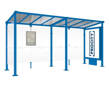 Wartehalle Milano Farbe:RAL 5010|Länge:Länge 5000 mm|Struktur:Leuchtcaisson VIP auf Mittelfuß und 1 Seitenverkleidung