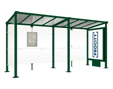 Wartehalle Milano Farbe:RAL 6005|Länge:Länge 5000 mm|Struktur:Leuchtcaisson VIP auf Mittelfuß und 1 Seitenverkleidung