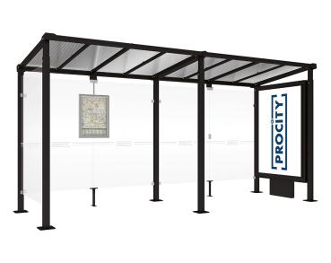 Wartehalle Milano Farbe:RAL 9005|Länge:Länge 5000 mm|Struktur:Leuchtcaisson VIP auf Mittelfuß und 1 Seitenverkleidung