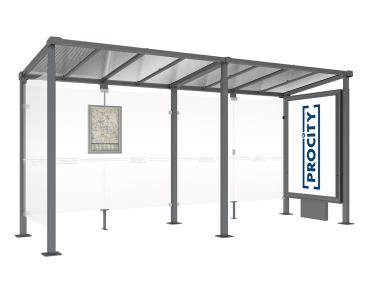 Wartehalle Milano Farbe:Procity grau|Länge:Länge 5000 mm|Struktur:Leuchtcaisson VIP auf Mittelfuß und 1 Seitenverkleidung