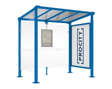 Wartehalle Milano Farbe:RAL 5010|Länge:Länge 2500 mm|Struktur:Schaukasten 2000 und 1 Seitenverkleidung