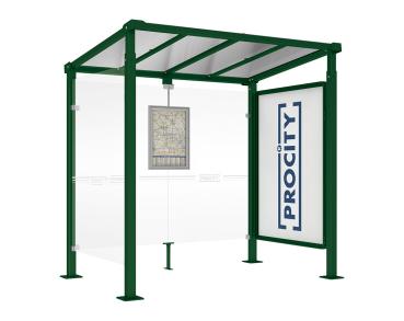Wartehalle Milano Farbe:RAL 6005|Länge:Länge 2500 mm|Struktur:Schaukasten 2000 und 1 Seitenverkleidung