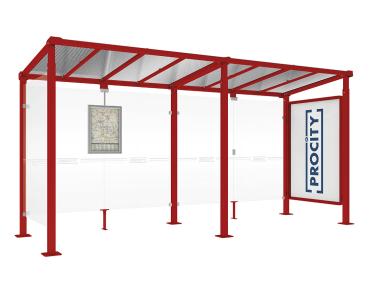 Wartehalle Milano Farbe:RAL 3004|Länge:Länge 5000 mm|Struktur:Schaukasten 2000 und 1 Seitenverkleidung