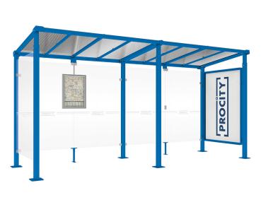 Wartehalle Milano Farbe:RAL 5010|Länge:Länge 5000 mm|Struktur:Schaukasten 2000 und 1 Seitenverkleidung