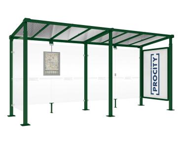 Wartehalle Milano Farbe:RAL 6005|Länge:Länge 5000 mm|Struktur:Schaukasten 2000 und 1 Seitenverkleidung