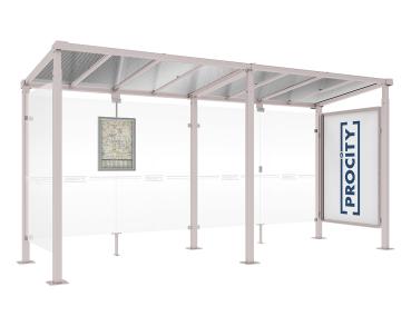 Wartehalle Milano Farbe:RAL 7044|Länge:Länge 5000 mm|Struktur:Schaukasten 2000 und 1 Seitenverkleidung