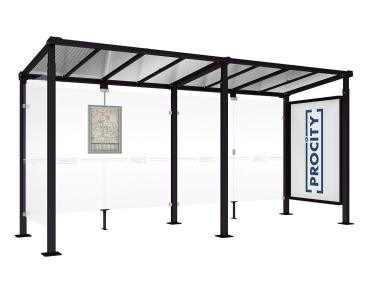 Wartehalle Milano Farbe:RAL 9005|Länge:Länge 5000 mm|Struktur:Schaukasten 2000 und 1 Seitenverkleidung