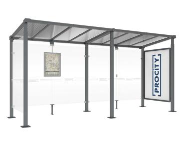 Wartehalle Milano Farbe:Procity grau|Länge:Länge 5000 mm|Struktur:Schaukasten 2000 und 1 Seitenverkleidung